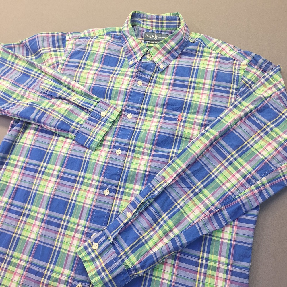 Ralph Lauren Mens Custom Fit Plaid Button Down Shirt Blue Green Pink Large 1517